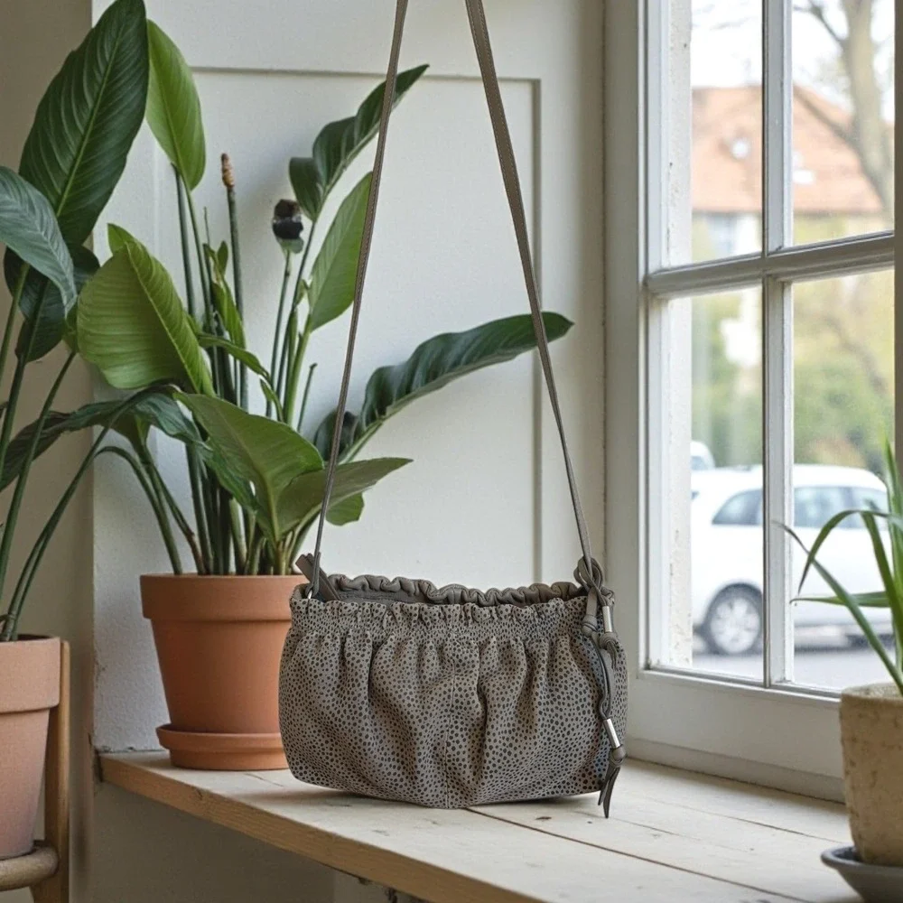 Lucky Brand Alva Small Crossbody Shoulder Bag Taupe Dot Textured Leather‎